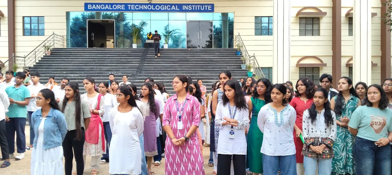 Students in front of RIMA's Kodathi campus building off Sarjapur Road, Bengaluru
