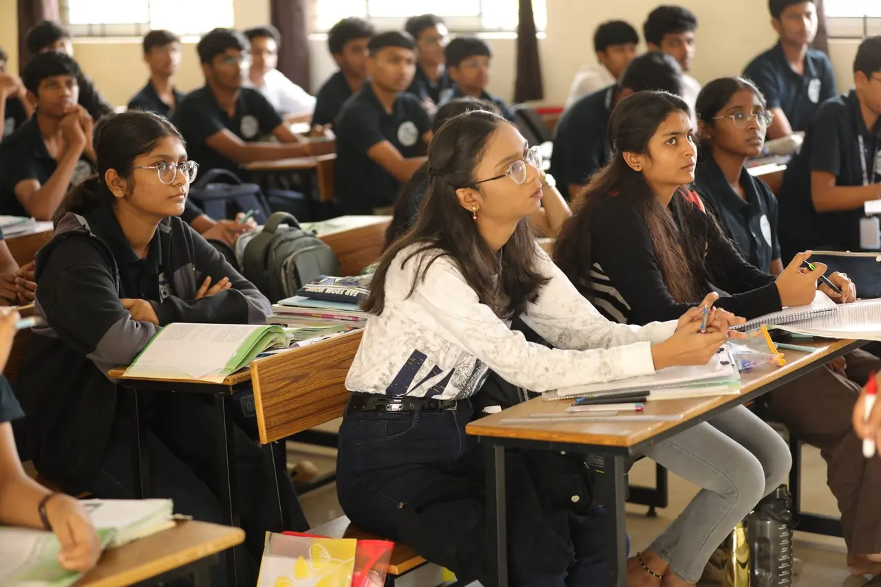 Students listening closely in a NEET class at RIMA's residential campus in Kodathi, Bengaluru